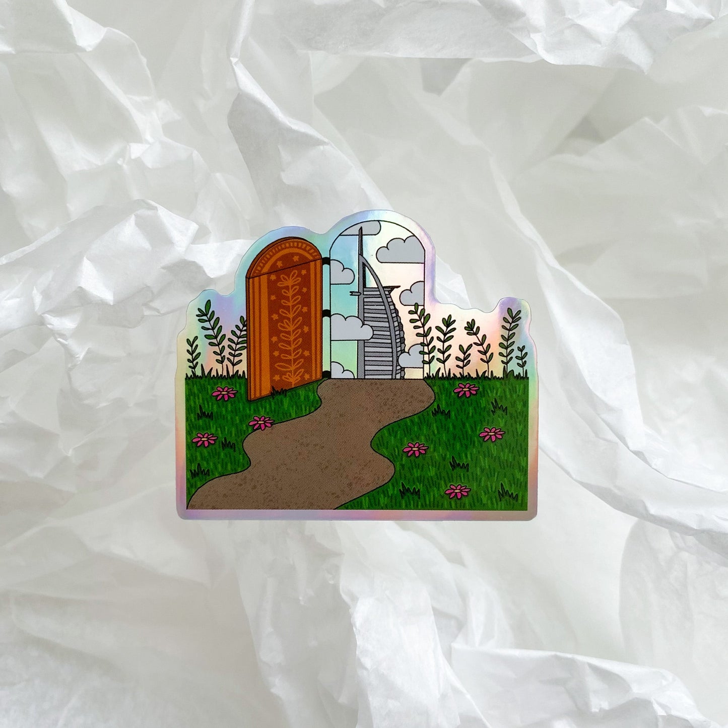 Waterproof sticker with mesmerizing holographic details that reflect light beautifully from every angle. The vibrant, reflective shimmer gives it a unique, futuristic look, perfect for decorating items like laptops, phone cases, water bottles, and notebooks. Its durable, water-resistant finish ensures long-lasting use while adding a stylish touch to personal accessories.